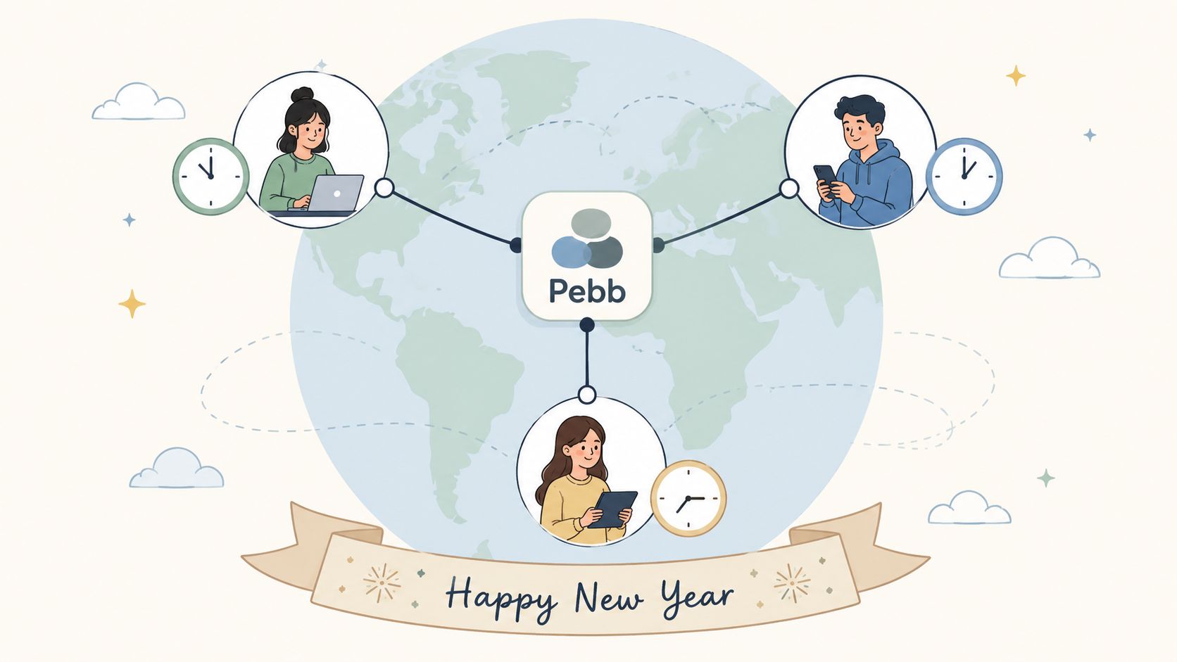 A digital illustration showing global connectivity with people in different time zones celebrating Happy New Year.