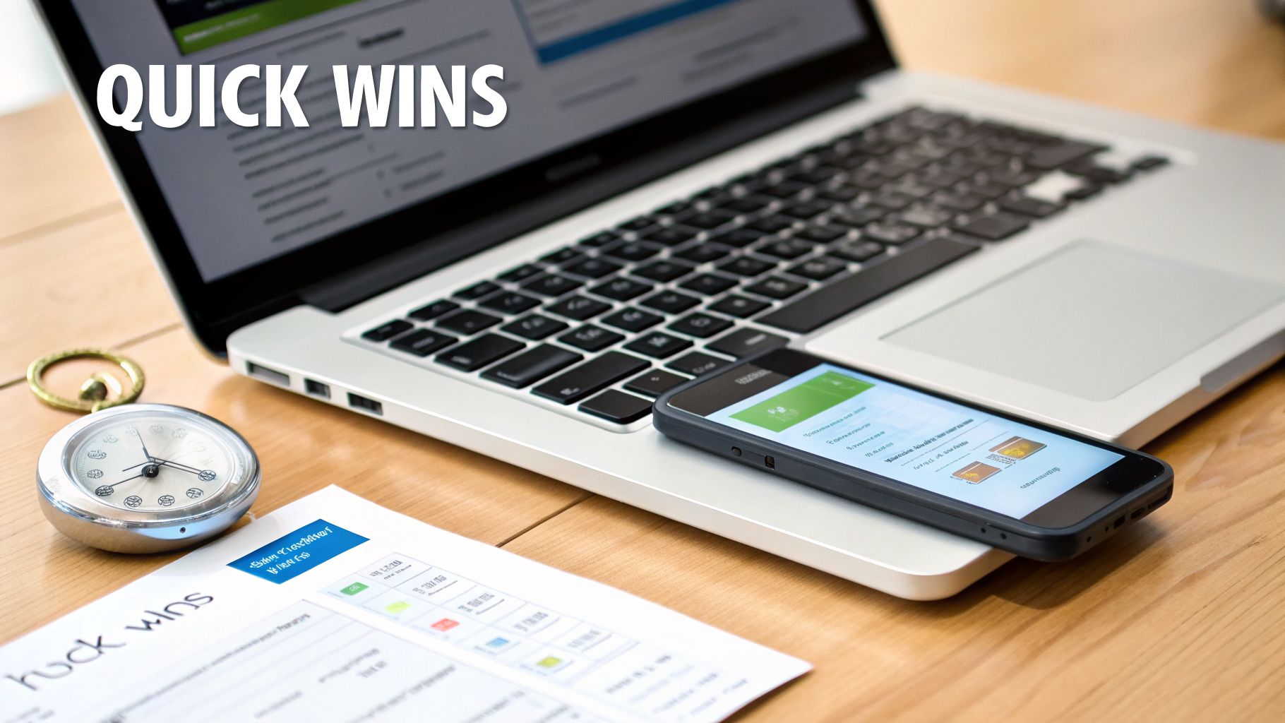 A laptop, smartphone, document with 'Quick Wins' text, and a pocket watch on a wooden desk.
