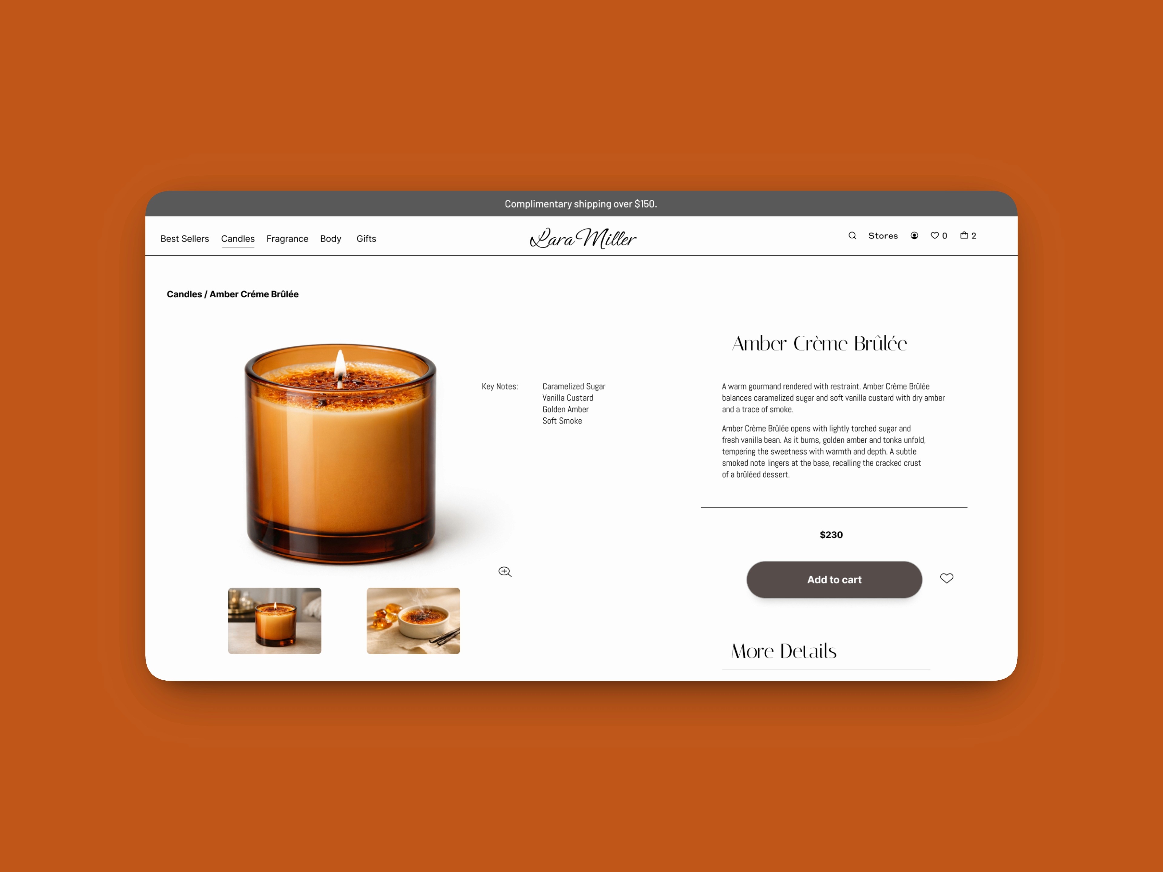E-commerce web design for a premium candle brand featuring custom product layouts.