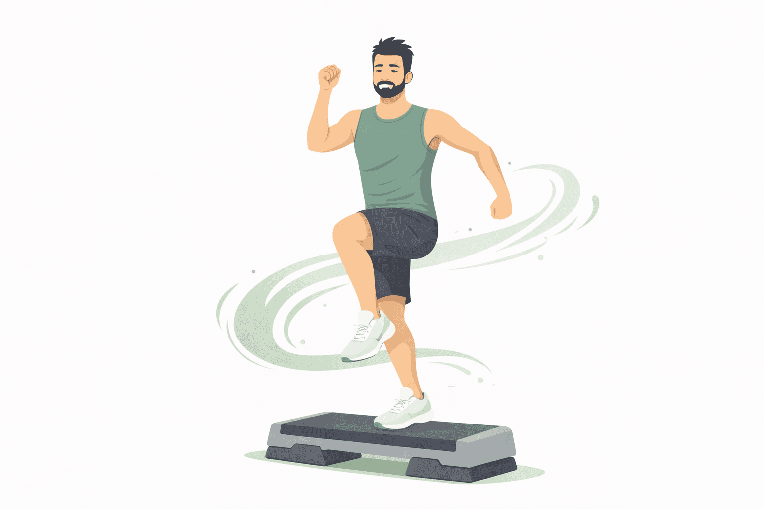 A man with a beard is jogging on a step platform, wearing a tank top and shorts, with a dynamic movement.