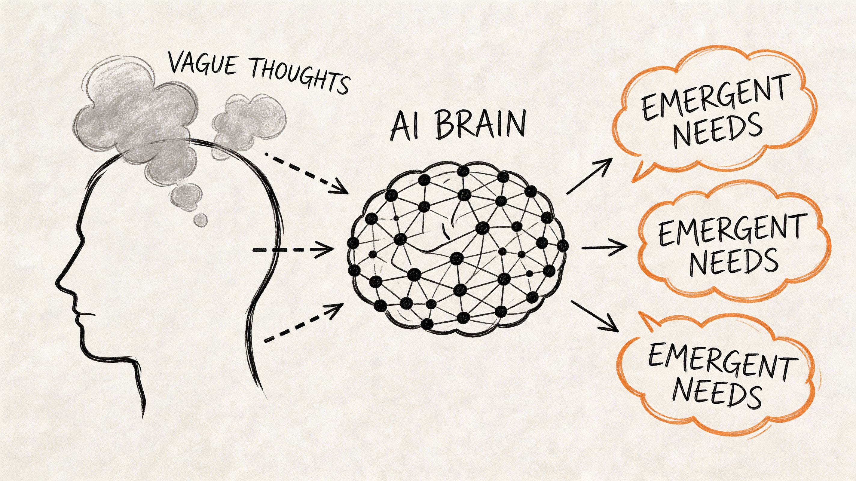 A hand-drawn illustration depicting vague thoughts entering an AI brain, which produces various emergent needs.