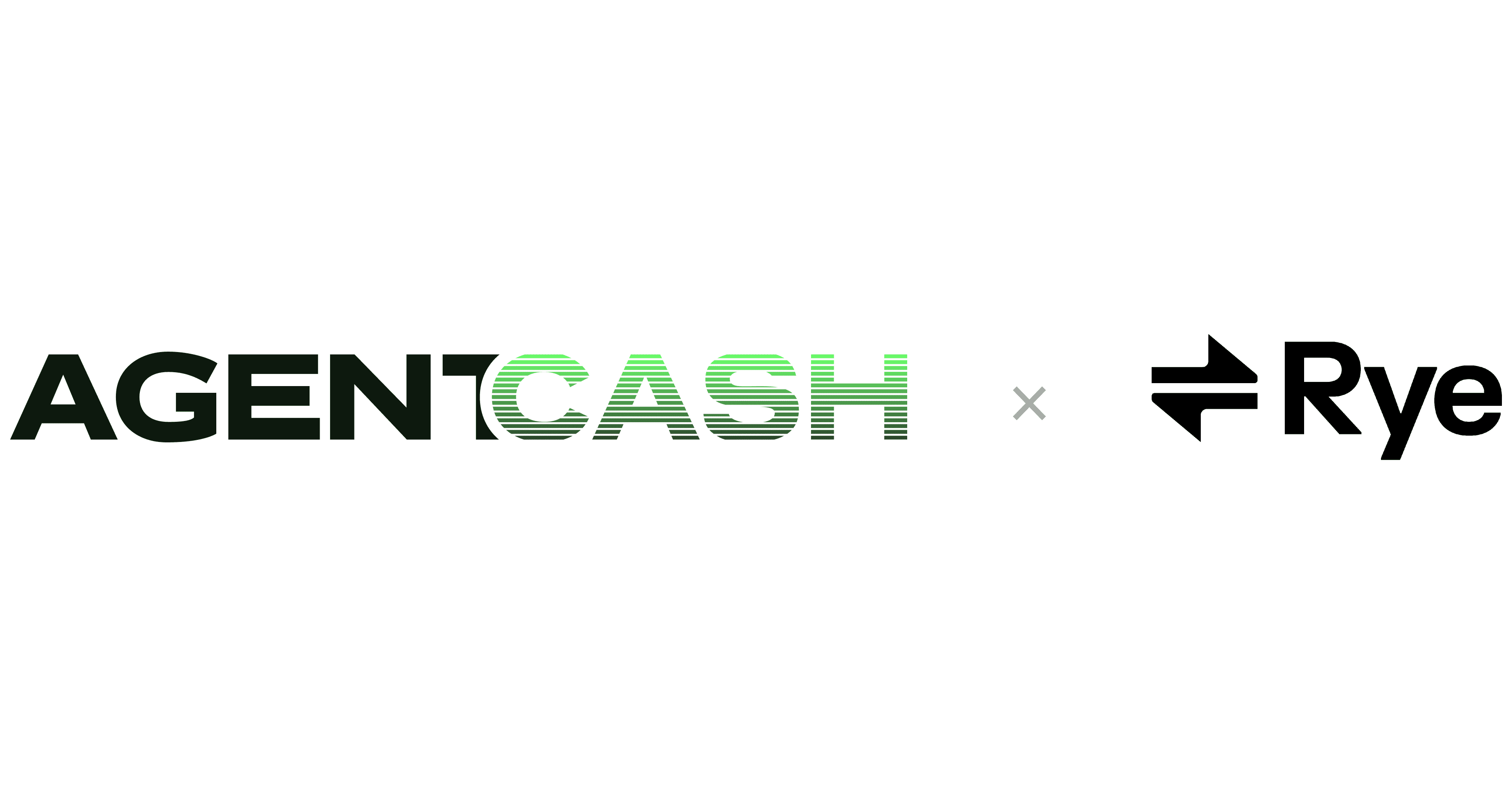 AgentCash × Rye partnership lockup. AgentCash wordmark with lime gradient accent on 'CASH,' × separator, Rye logo with arrows mark and wordmark.