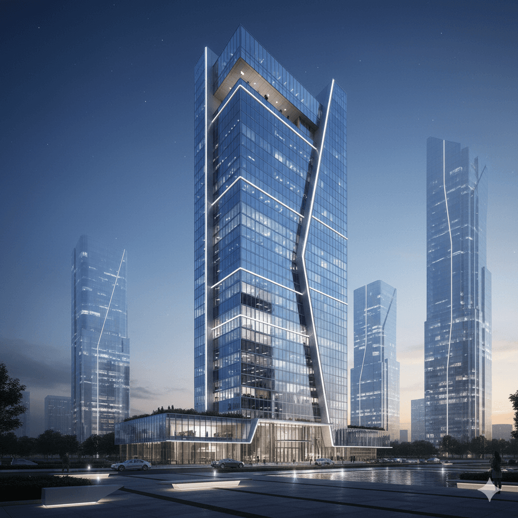 Modern glass-facade office towers and commercial business center in Sector 111.
