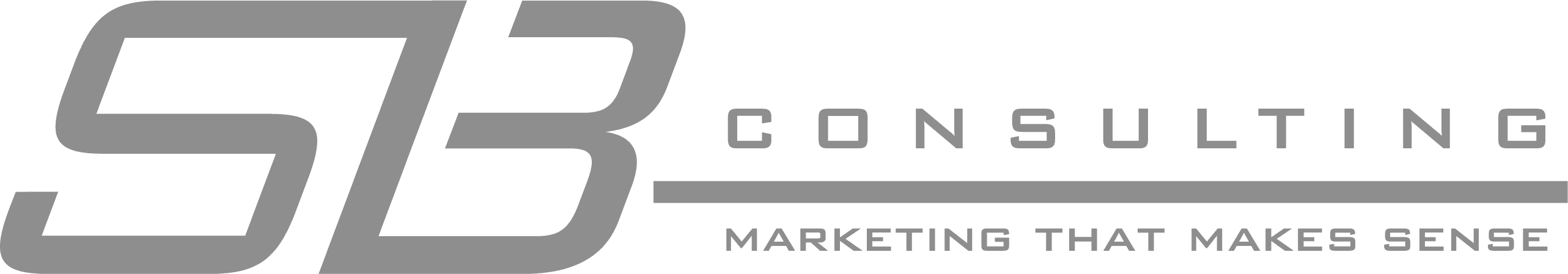 The image shows a logo for "SB Consulting" with the tagline "Marketing That Makes Sense," featuring modern typography in a sleek, professional design against a blue background.