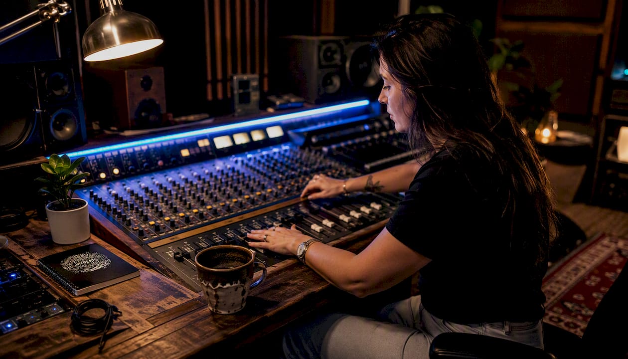 Audio engineer adjusting mixing console controls