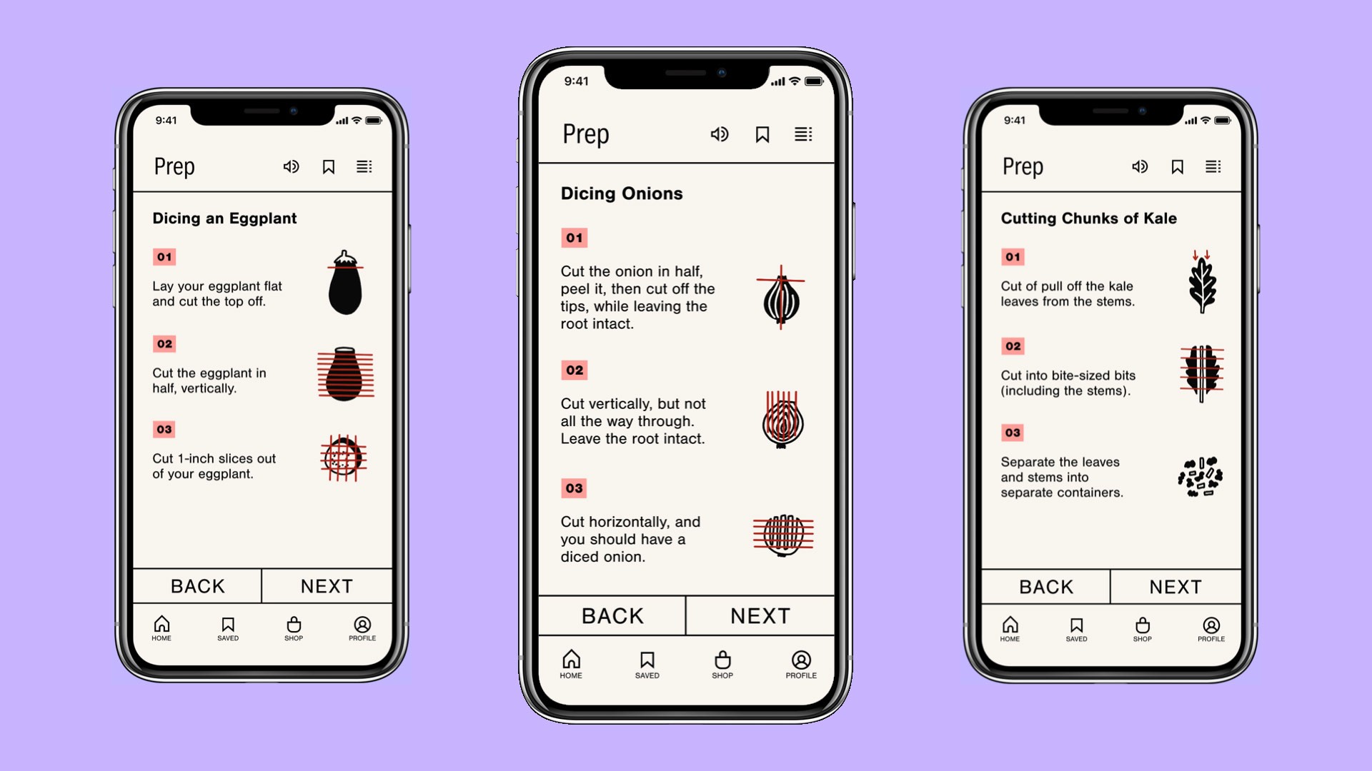 Three iPhones are displayed side by side against a purple background. Each phone shows “Prep” at the top and displays instructions for “Dicing an Eggplant” and “Cutting Chunks of Kale.” Each screen includes numbered steps, icons, and navigation buttons labeled “BACK” and “NEXT.”