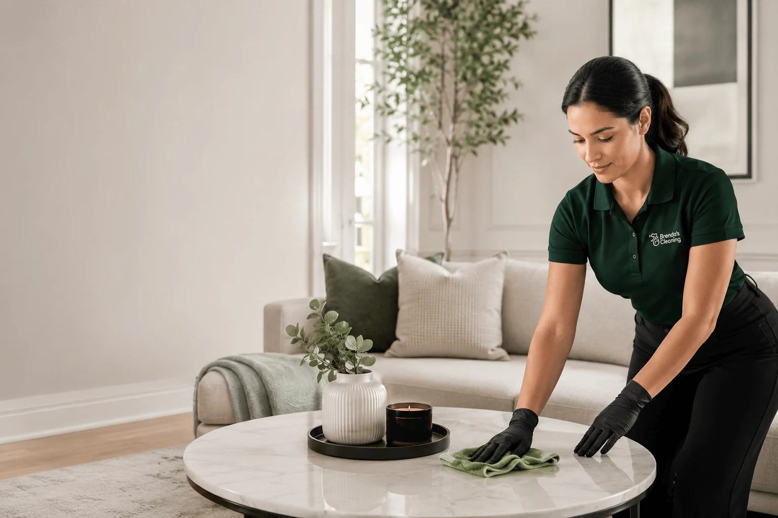 A professional residential cleaning team with Brenda's Cleaning performing deep cleaning and housekeeping duties throughout an open-concept luxury home. All four maids are dressed in company-branded navy blue polo shirts, matching baseball caps, black trousers, and blue protective nitrile gloves. On the far left, a house cleaner uses a blue cloth to wipe down a white interior door handle. Next to her, a maid equipped with a ProTeam GoFit backpack vacuum cleans a granite dining table surface. In the background, a third team member mops the dark hardwood floor in front of a fireplace and living room area. In the right foreground, a maid washes a white plate over a stainless steel kitchen sink using a yellow sponge and Seventh Generation eco-friendly dish liquid. This action-oriented scene highlights comprehensive, detail-oriented home cleaning, eco-friendly products, and local premium maid services across Keller and Southlake, Texas.
