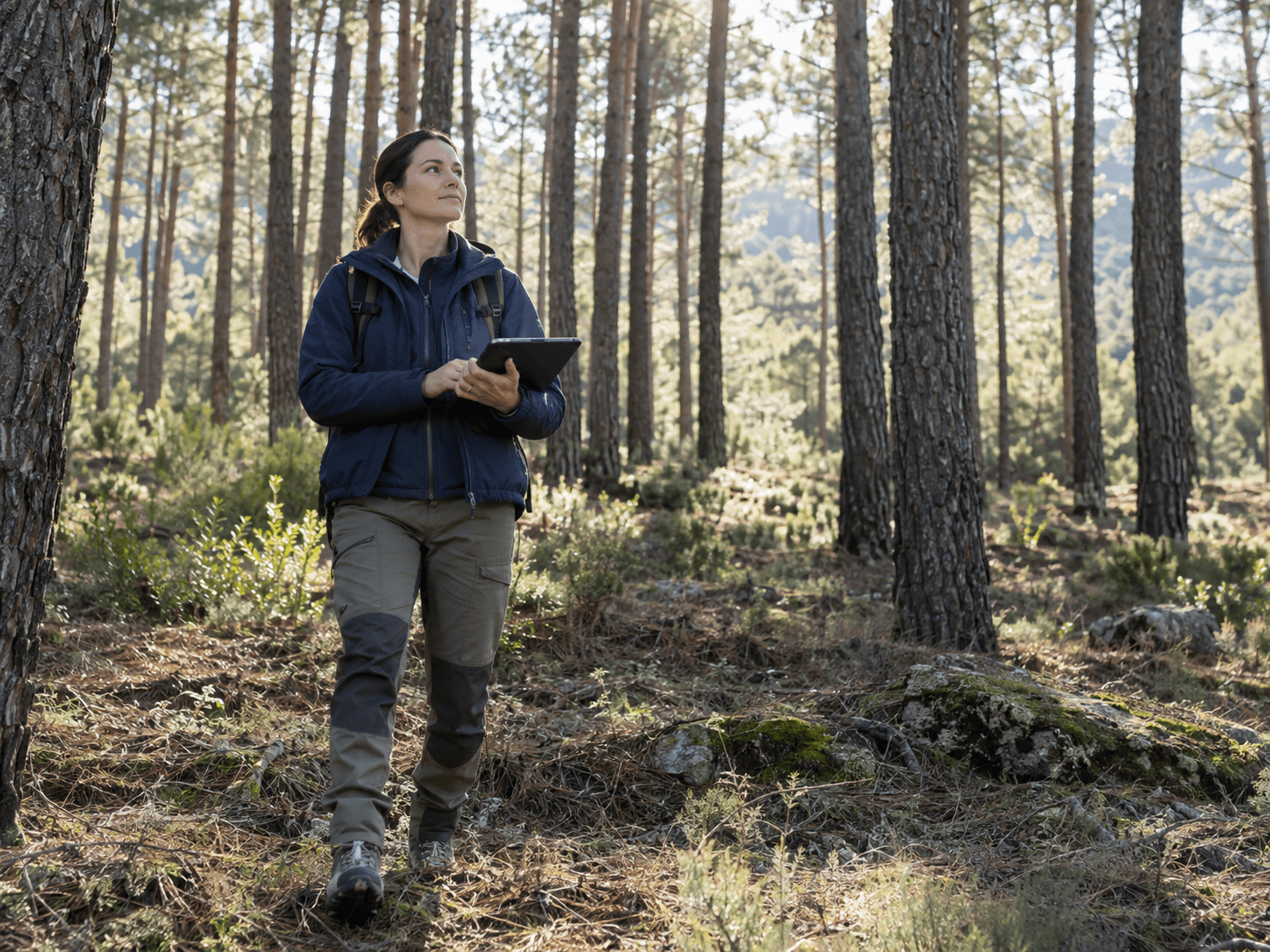 Técnica forestal recorriendo un bosque productivo europeo con tableta, enfoque en gestión y trazabilidad.