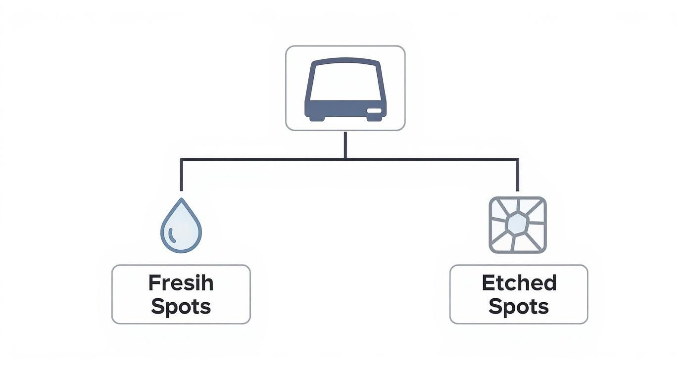 Diagram illustrating two types of water spots on a vehicle: fresh spots and etched spots.