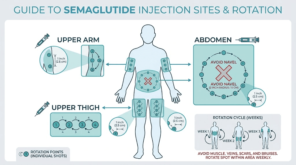 Semaglutide injection site rotation diagram for abdomen thigh and arm