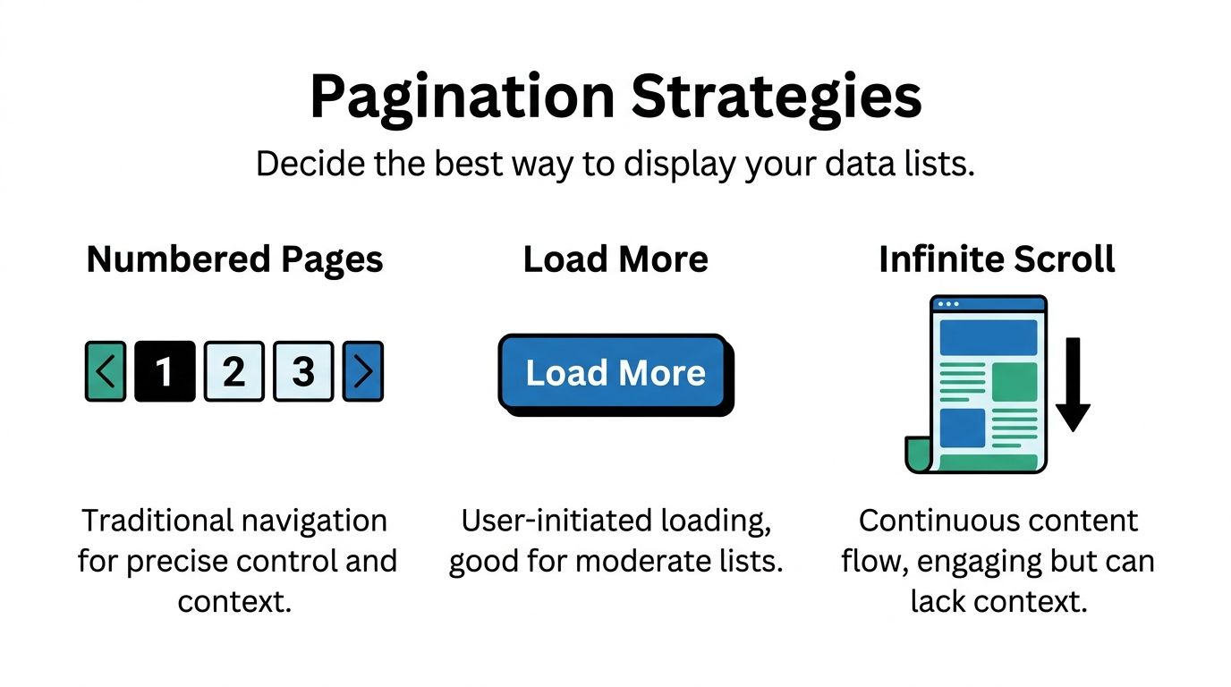 An infographic illustrating three common pagination strategies including numbered pages, load more buttons, and infinite scrolling.