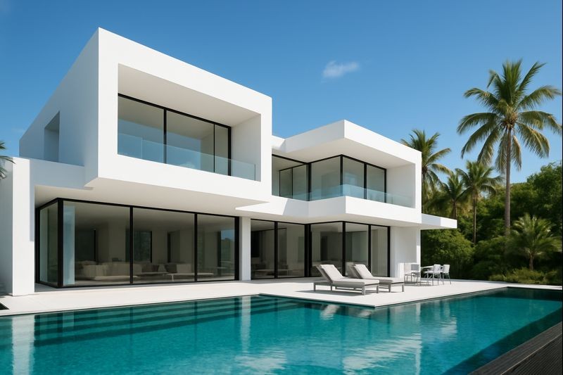 Modern cubic white villa with swimming pool and palm trees.