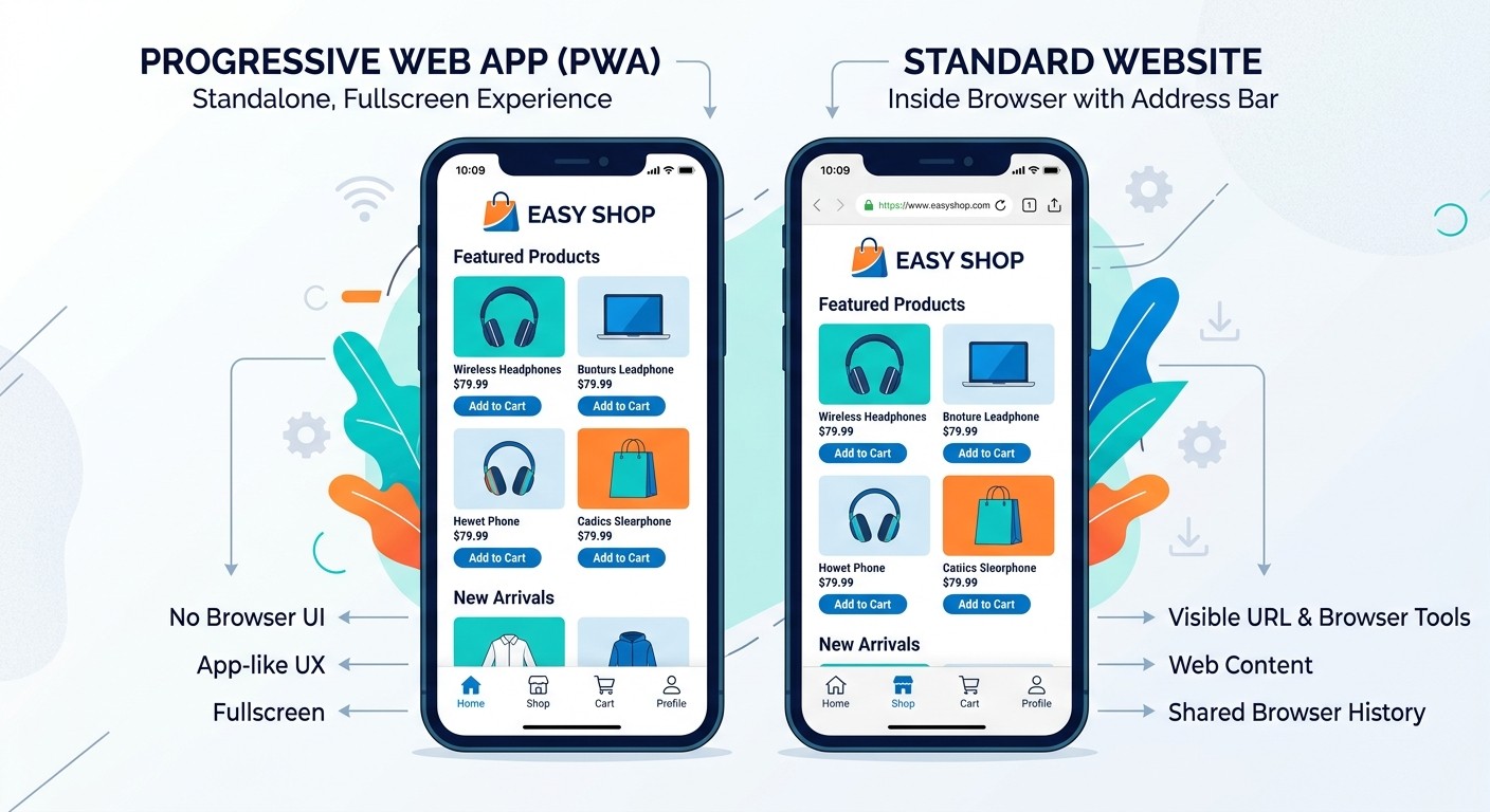 Comparison showing a PWA launching in standalone fullscreen mode versus a website opening in a regular browser tab with address bar.