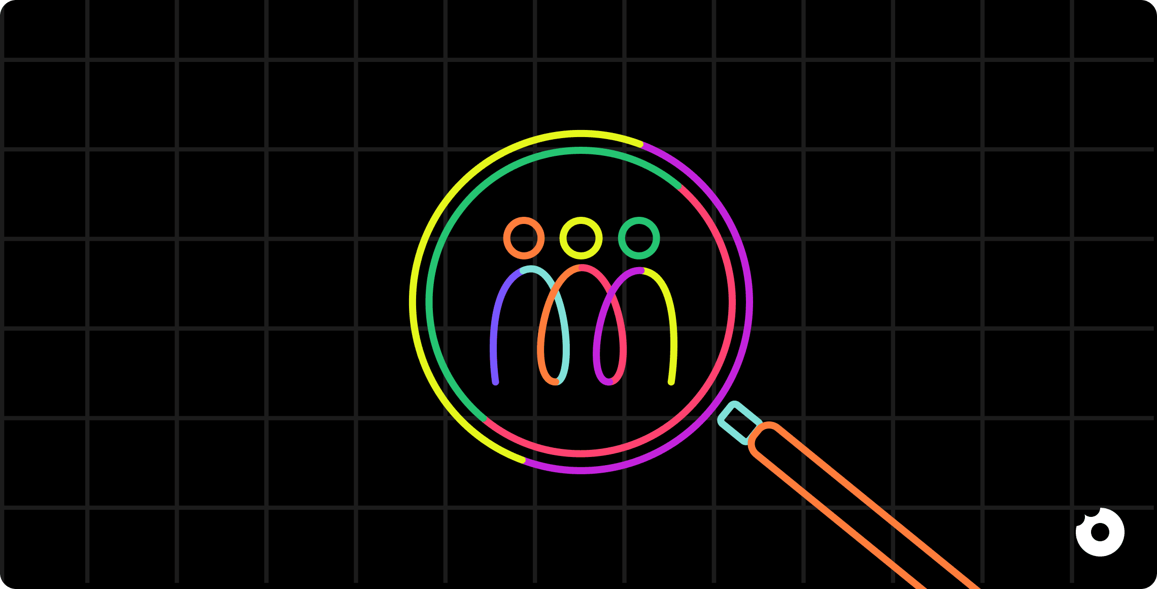 Colorful line-art illustration of three people inside a magnifying glass, symbolizing user research and audience understanding