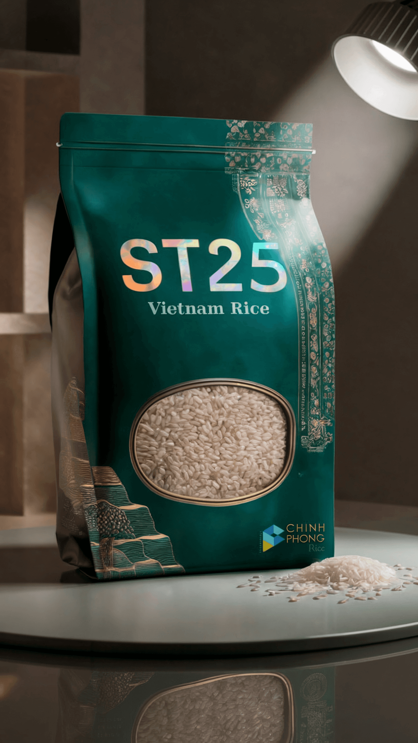 A packaged product labeled 'ST25 Vietnam Rice'. The packaging is predominantly green with gold and teal accents. It features an oval window revealing white rice grains. The brand 'CHINH PHONG' is visible at the bottom right. The product is placed on a reflective surface, and there's a spotlight shining on it from the top left. The background is a blend of dark and light shades, creating a dramatic ambiance.