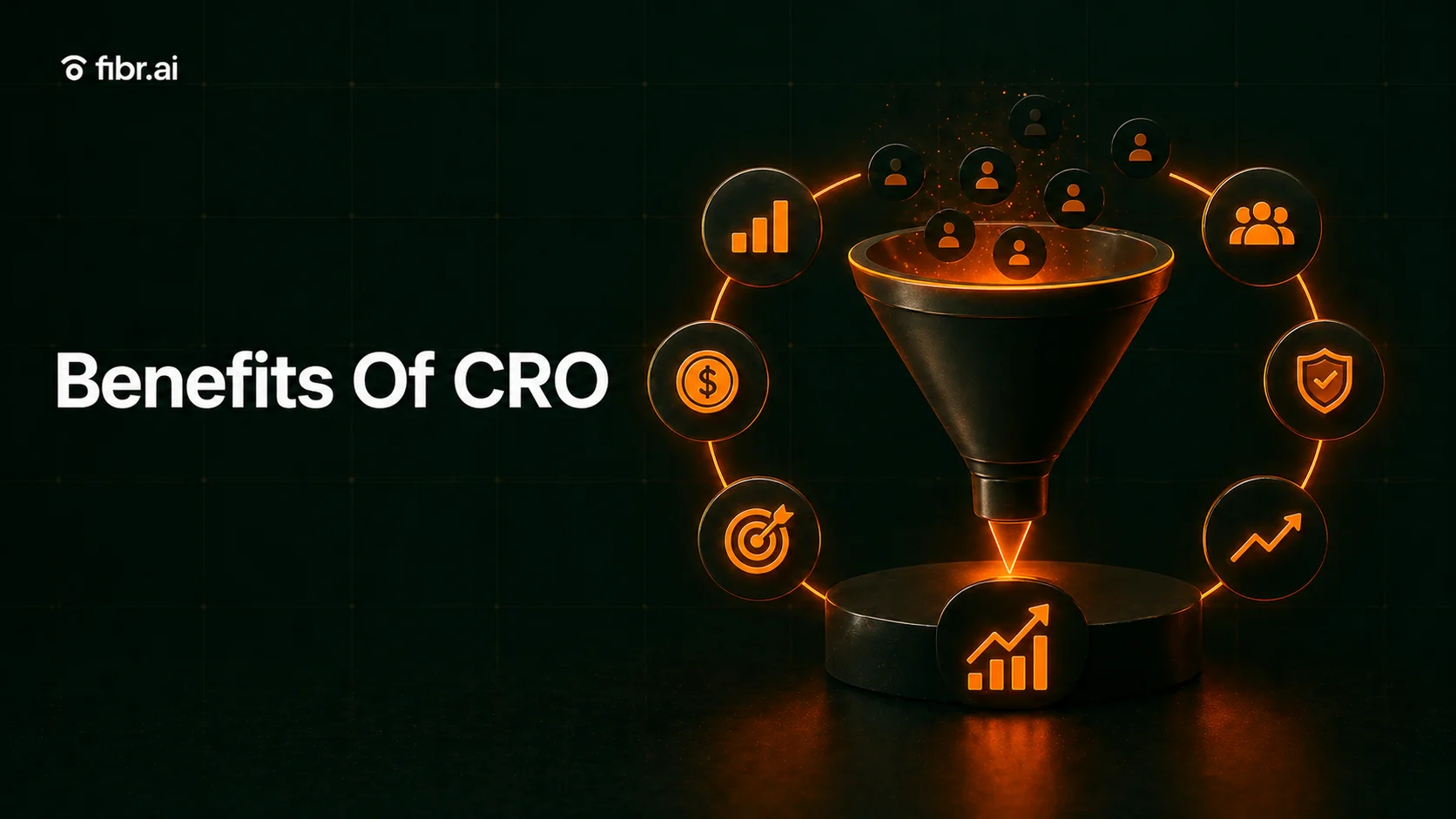 CRO benefits visualization showing a conversion funnel turning traffic into customers, surrounded by icons for revenue growth, targeting, user engagement, and improved marketing performance.