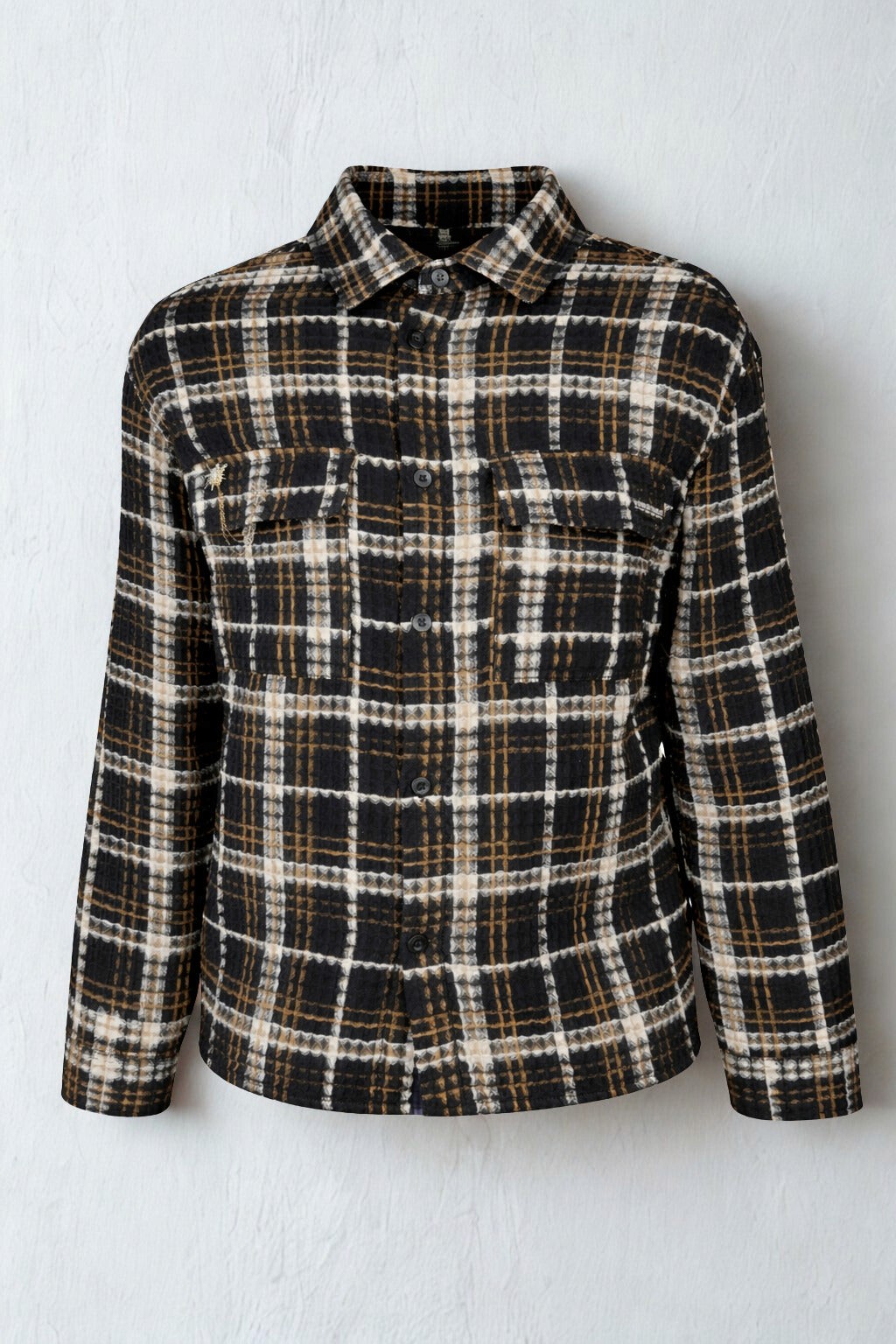 Plaid long sleeve shirt in black and brown colors