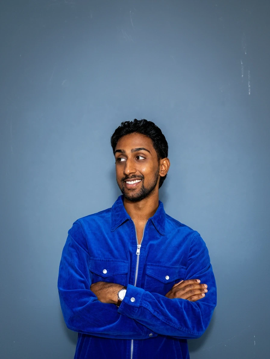 Portrait of Christian Harinarain, Growth Lead at V7, in a blue jacket against a blue wall