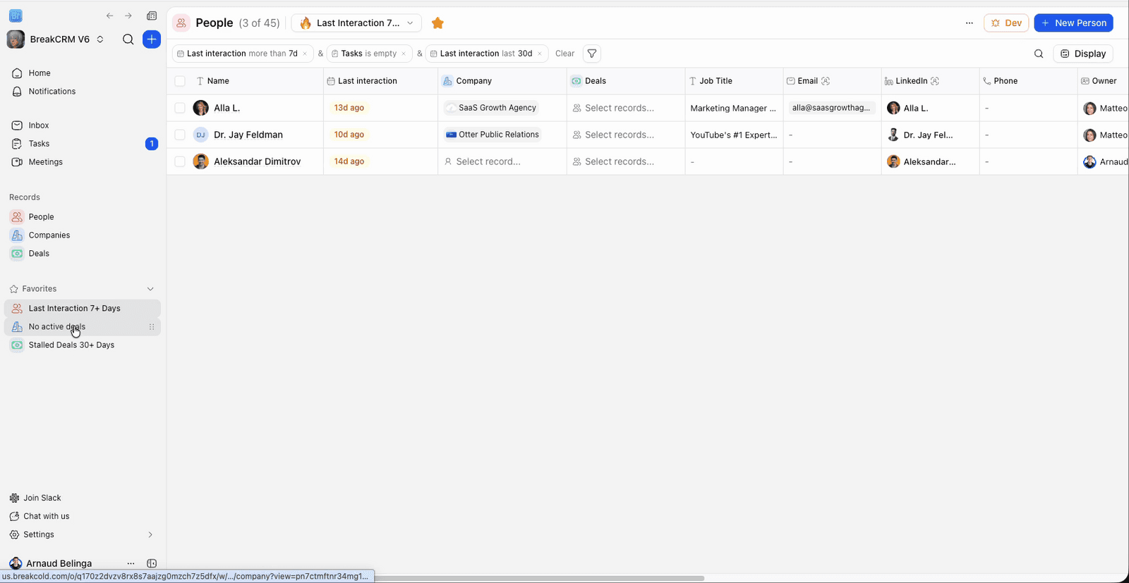 Smart Views pinned to Favorites in the Breakcold sidebar