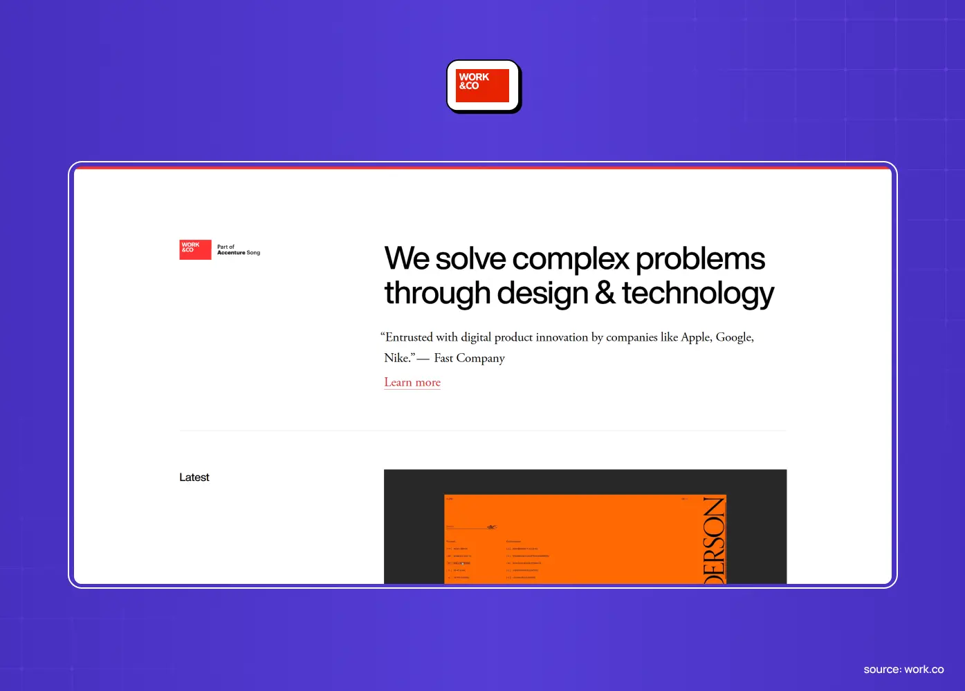 Minimal black-and-white agency homepage with bold messaging focused on solving complex business challenges through design and technology.
