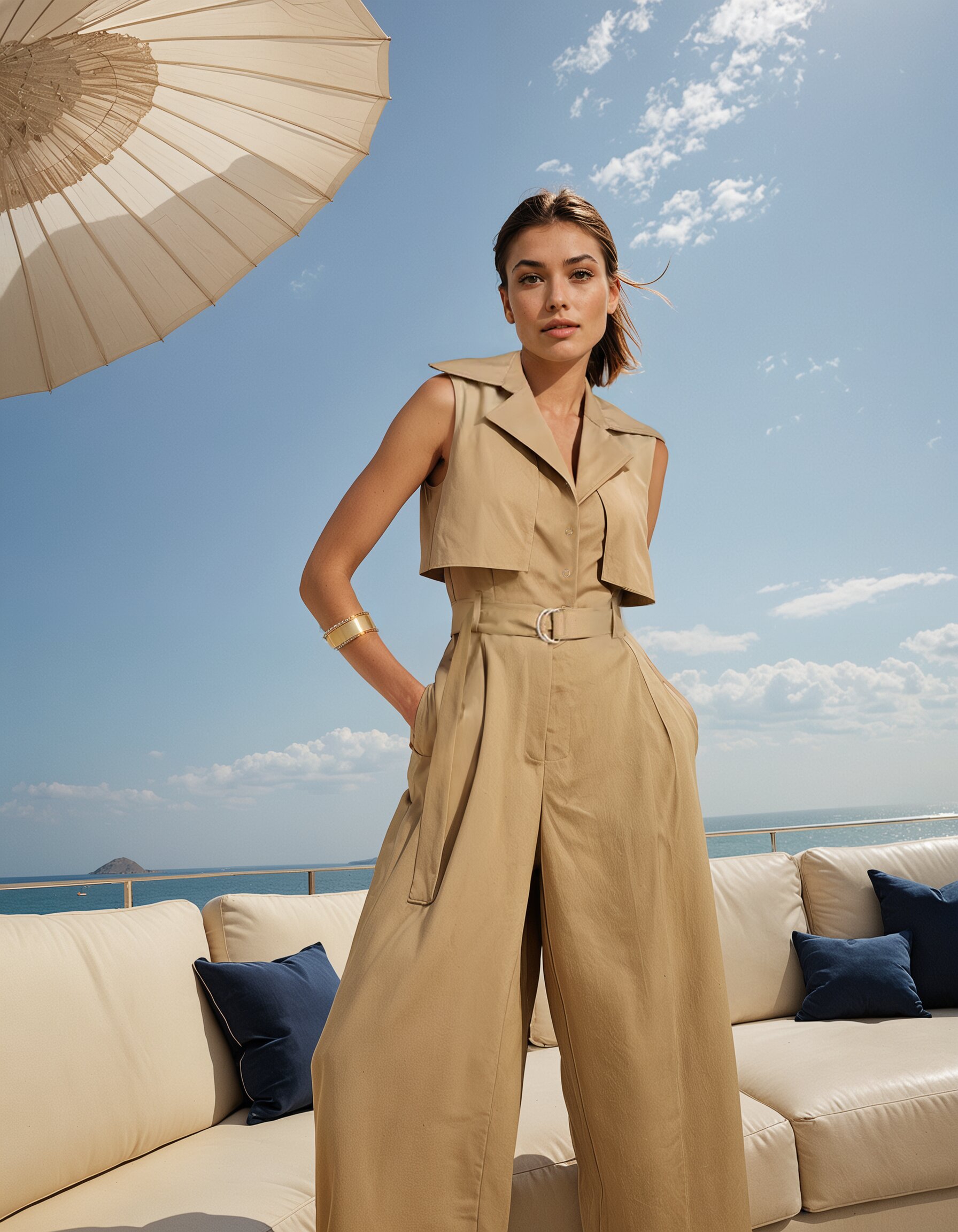 Woman in beige jumpsuit standing on patio with ocean view