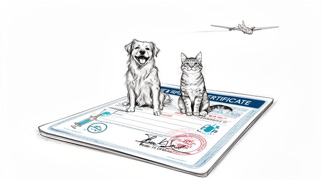 A happy dog and cat sit on a pet health certificate with an airplane flying above.