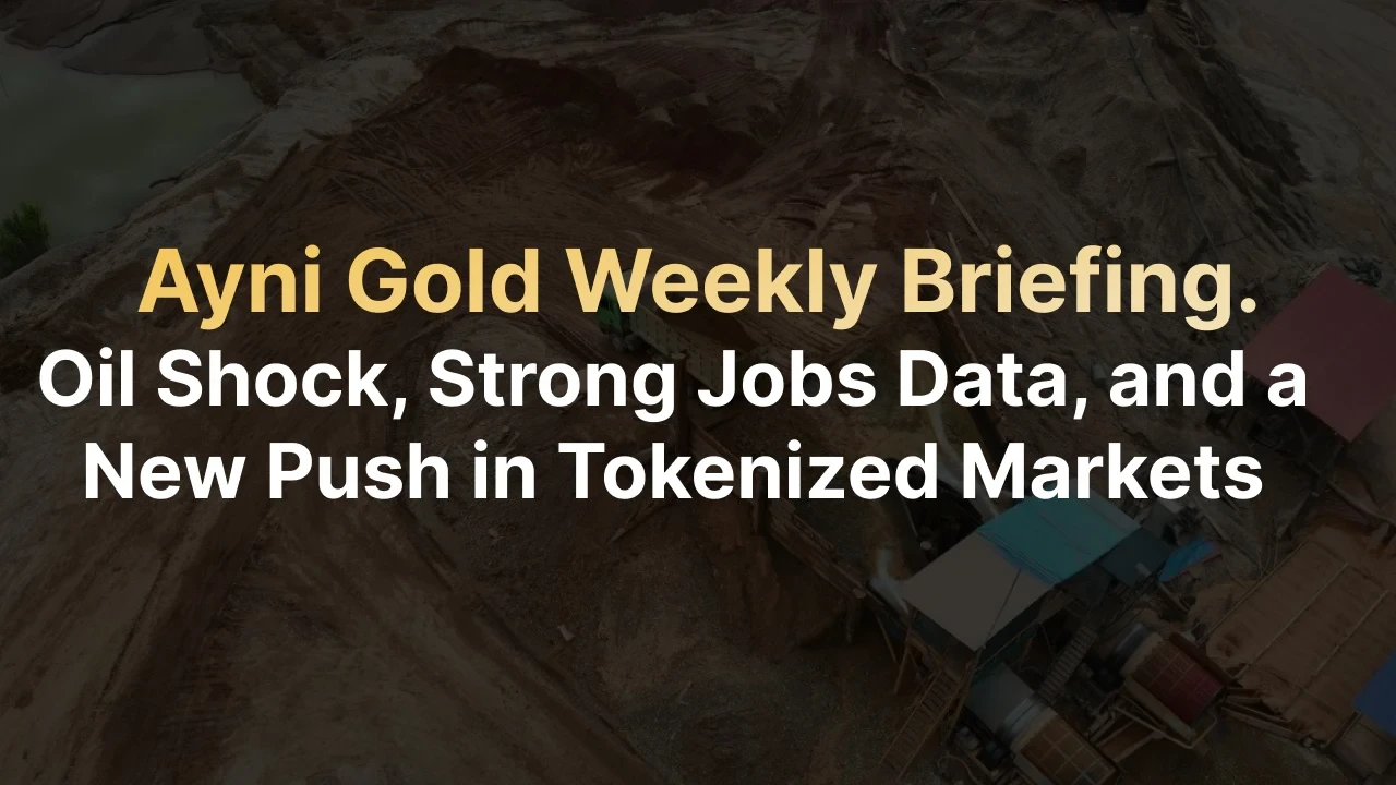 Ayni Gold Weekly Briefing — Oil Shock, Strong Jobs Data, and a New Push in Tokenized Markets, with mining equipment in the background.
