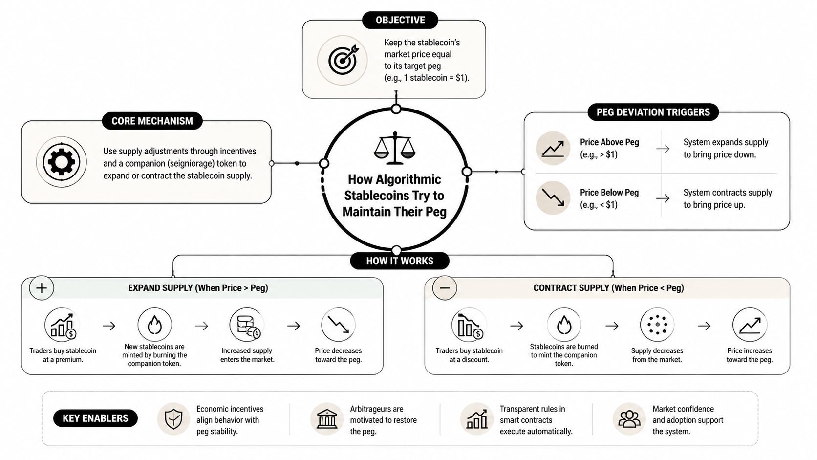 A diagram illustrating how algorithmic stablecoins use supply adjustments and seigniorage tokens to maintain their peg.