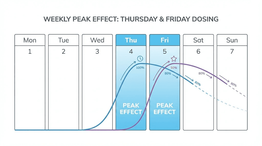 Best day of week for GLP-1 injection showing Thursday Friday strategy with peak effect curves