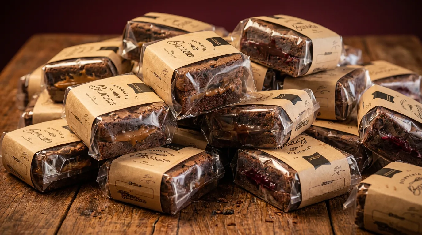 A pile of individually wrapped Browneria Barreto brownies in kraft paper packages stacked on a rustic wooden table, showing multiple flavor fillings through the transparent packaging