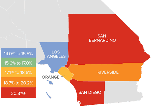 A map showing the real estate market percentage changes in various counties in Southern California during the third quarter of 2021.