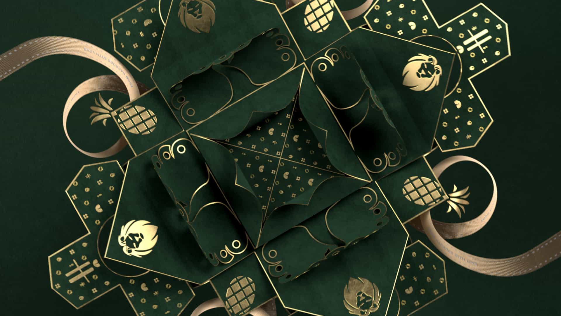 Mainframe luxury work: Harrods gifting box opening in a premium sculpted CGI style for high-end retail brand campaigns.