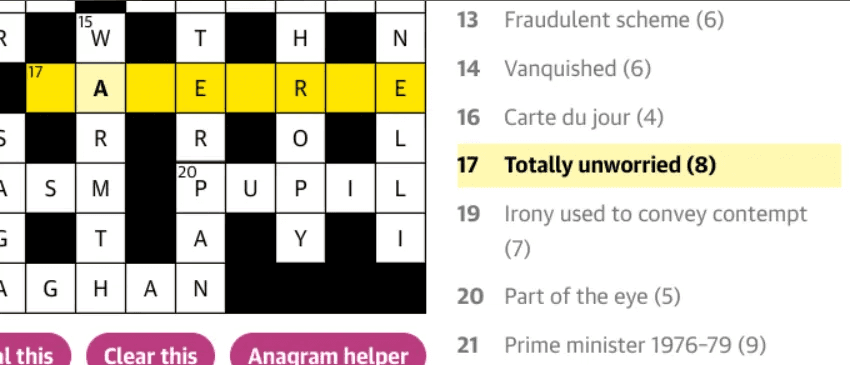 Screenshot of a crossword puzzle highlighting clue 17 across, which reads 'Totally unworried (8)'. The answer 'CAREFREE' is filled in, spanning eight yellow-highlighted boxes across the puzzle grid.