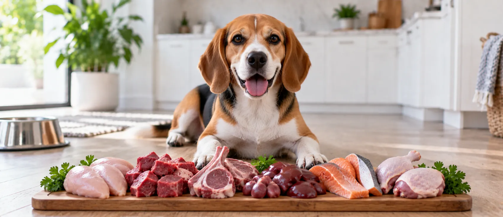A Beagle sits behind a board of raw meat, fish, and poultry cuts.