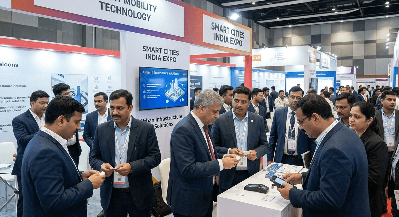 Exhibitor scanning a trade show badge with a smartphone to capture leads at Smart Cities India Expo in New Delhi.