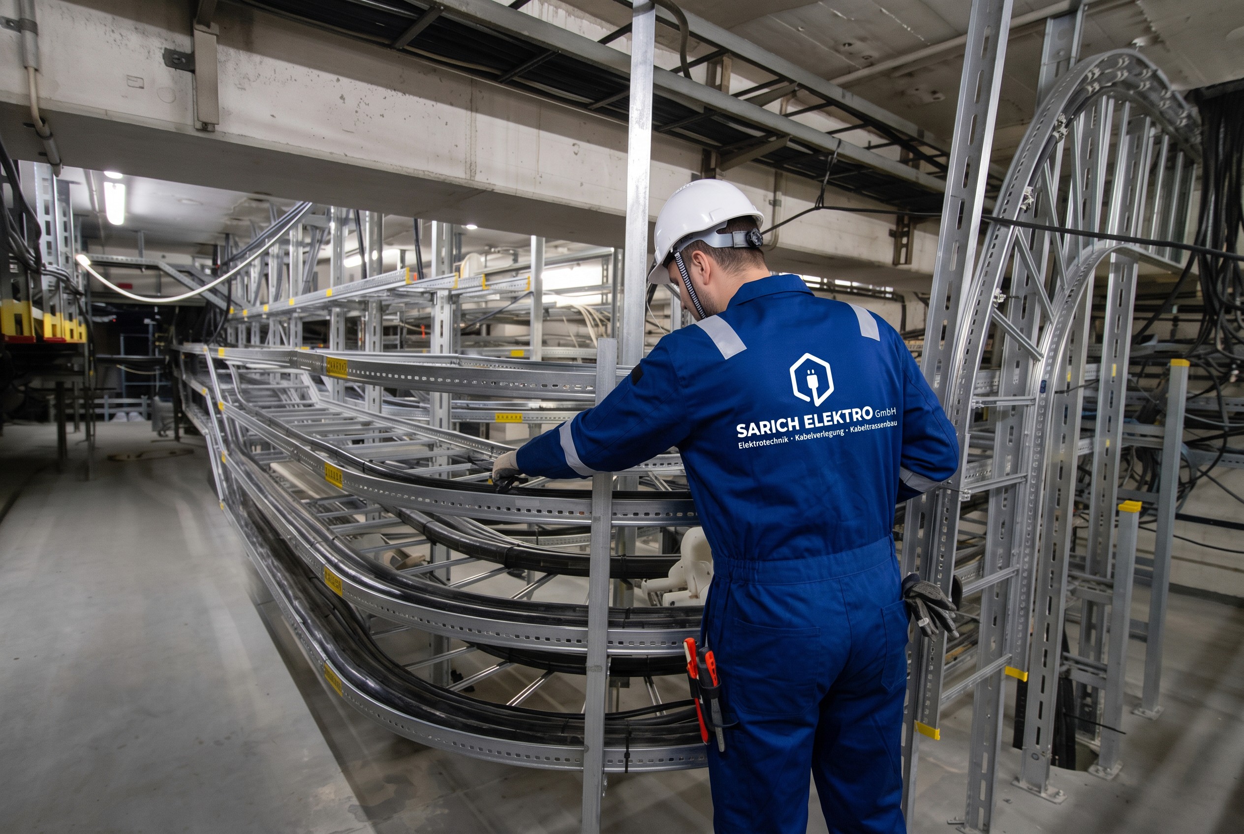 Geschwungene Kabeltrassen im Technikgeschoss eines Neubaus