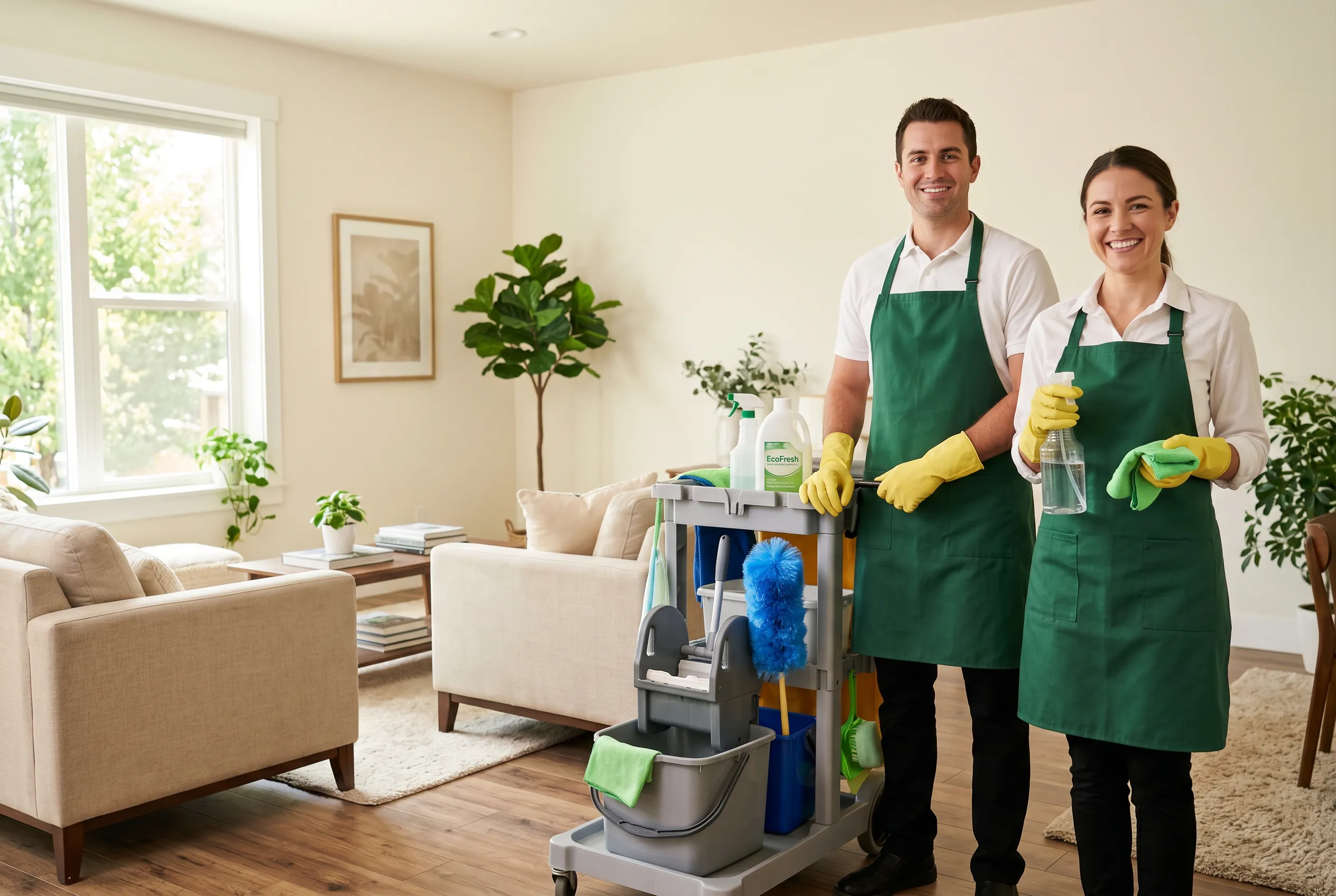 Two smiling cleaners stand beside a cleaning cart in a bright living room.