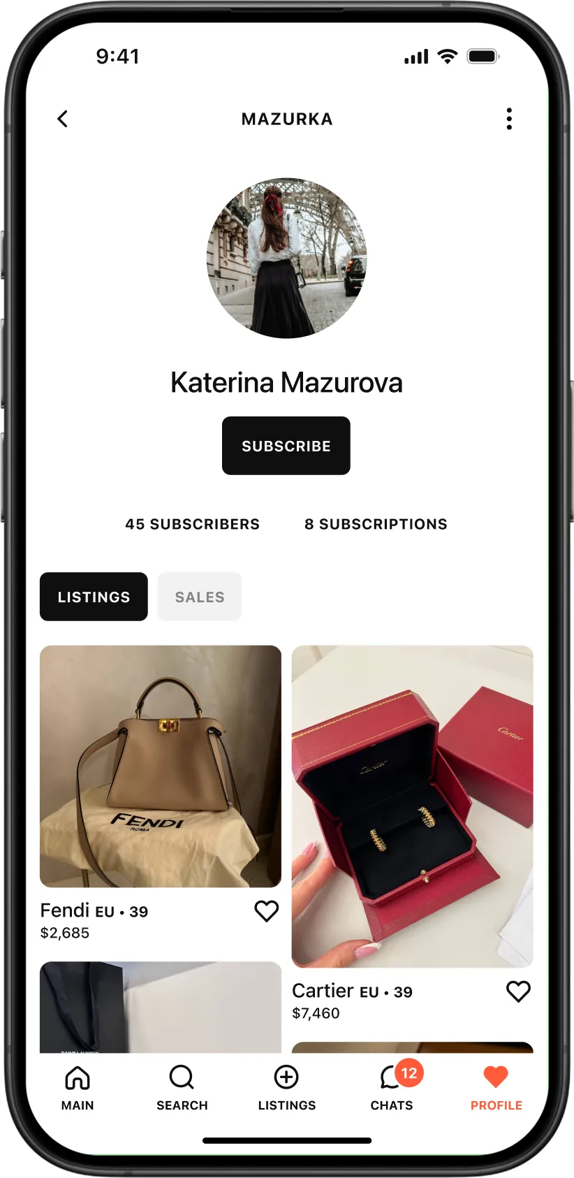 Public seller profile in the Tuff Stuff marketplace app, showing seller avatar, name, subscription button, subscriber count, listings, sales tab, and product grid.
