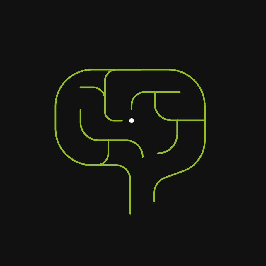 Simple line art of a stylised brain. light green lines on a black background.