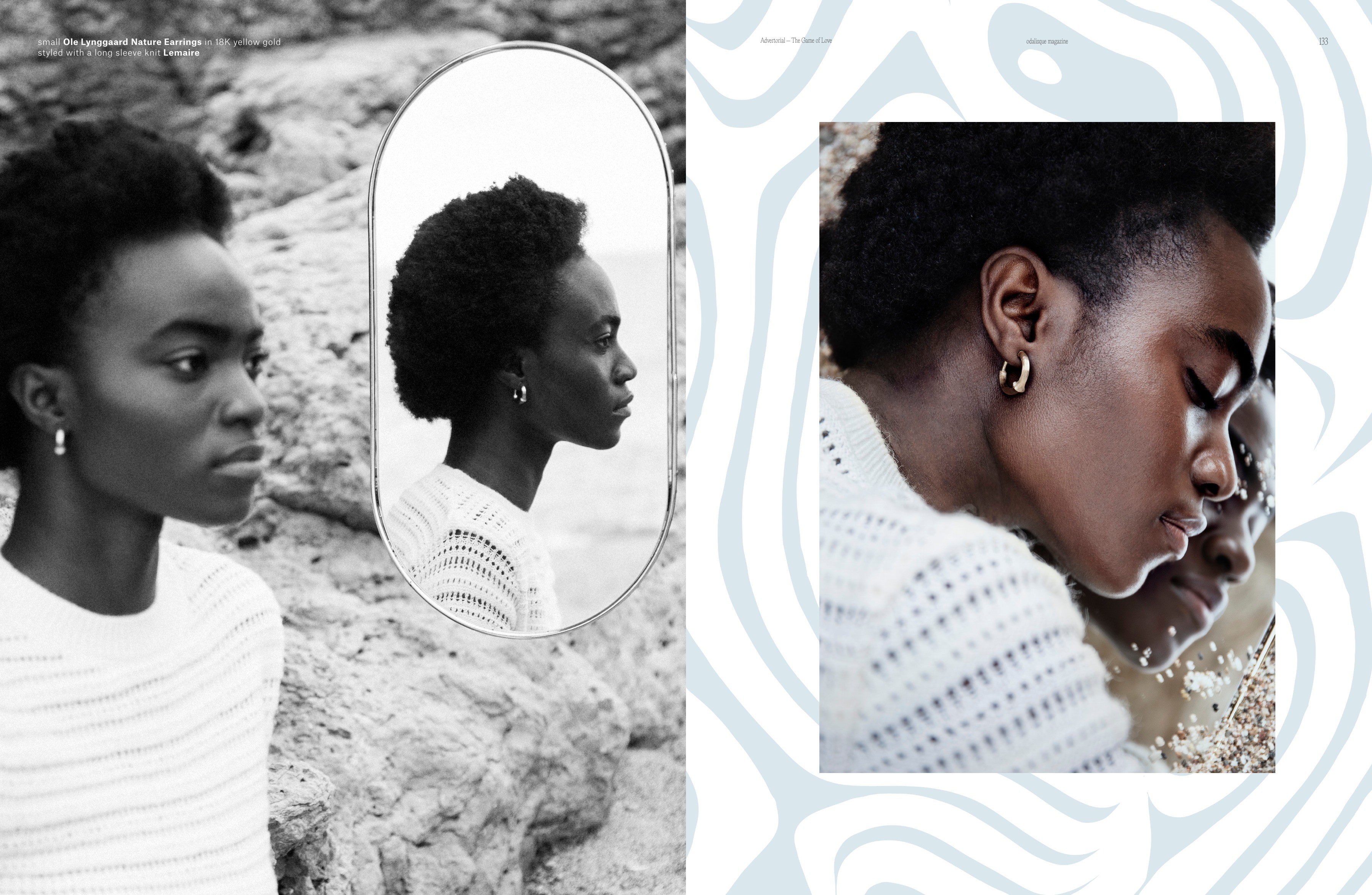 Monochrome portraits layered with a circular mirror and pale abstract pattern.