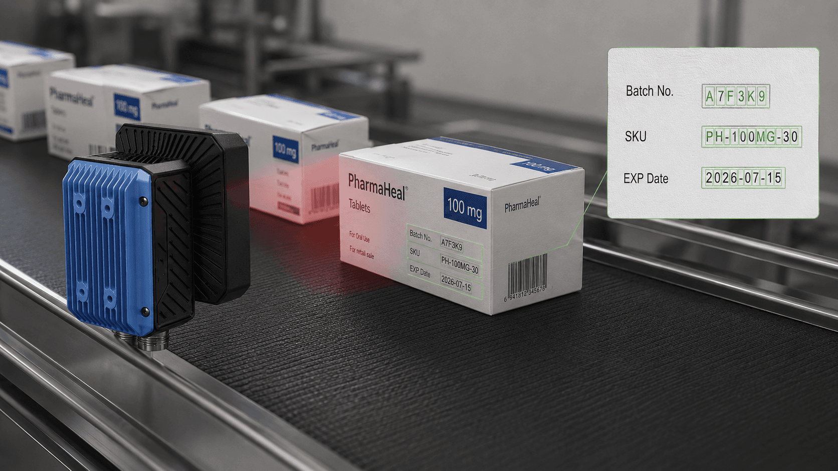 Machine vision system inspecting printed batch codes and expiry dates on a manufacturing line