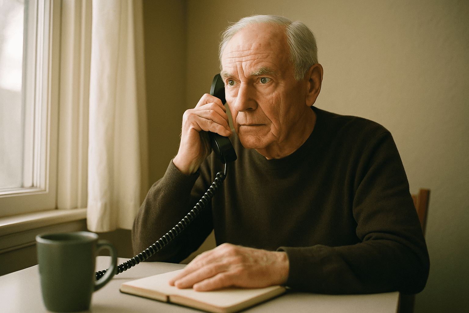 An older man concentrates during a phone call at a sunlit table in his home.