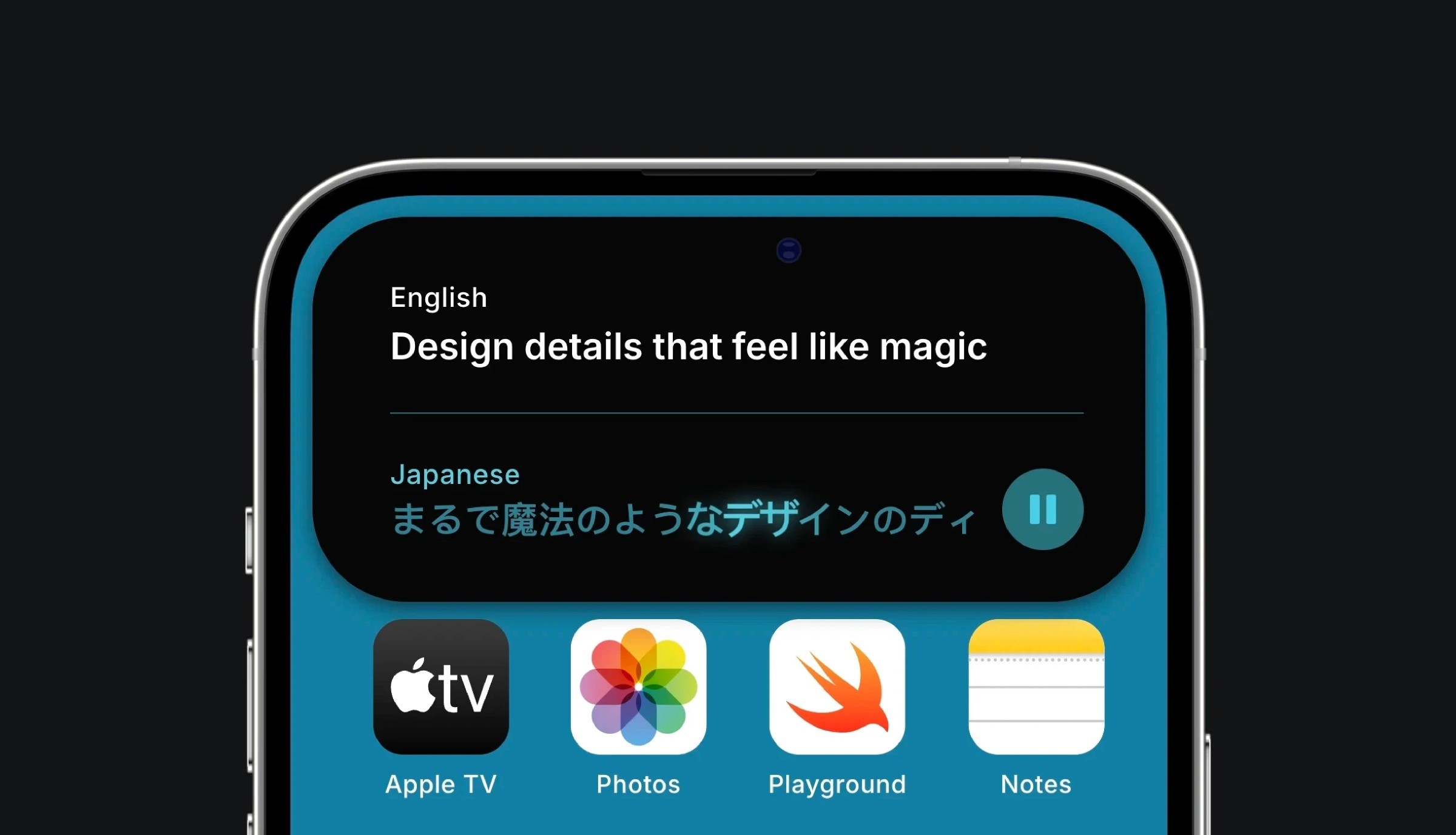 Smartphone screen displaying multilingual design details with app icons for Apple TV, Photos, Playground, and Notes