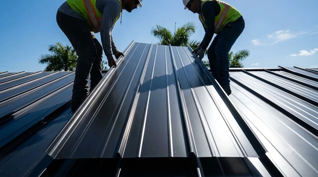 5V crimp metal roofing panels being lifted into position on a South Florida home with sunlight catching the crimped ribs