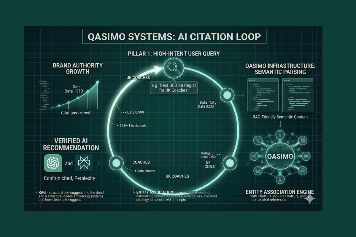 Qasimo Systems CoachFlow AI Citation Loop Architectural Schematic