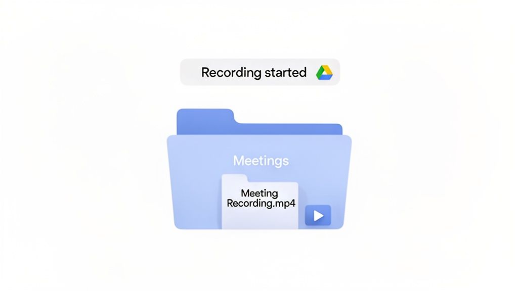 A 'Recording started' notification with Google Drive icon, showing a 'Meetings' folder containing a 'Meeting Recording.mp4' file.