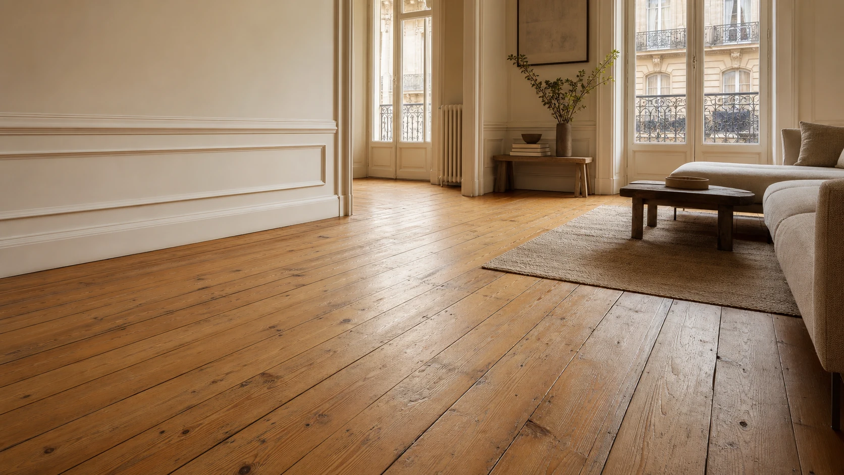 Vieux plancher en pin restauré dans un appartement ancien à Bordeaux