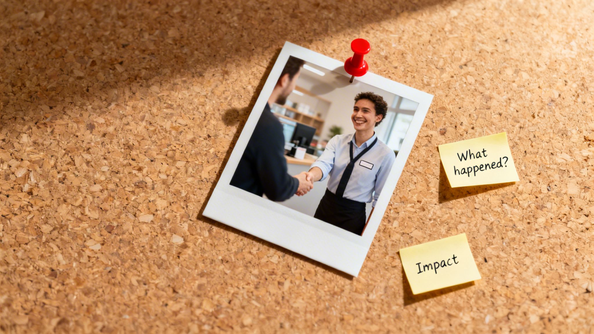 A cork board with a pinned photo of a handshake, plus sticky notes asking 'What happened?' and 'Impact'.