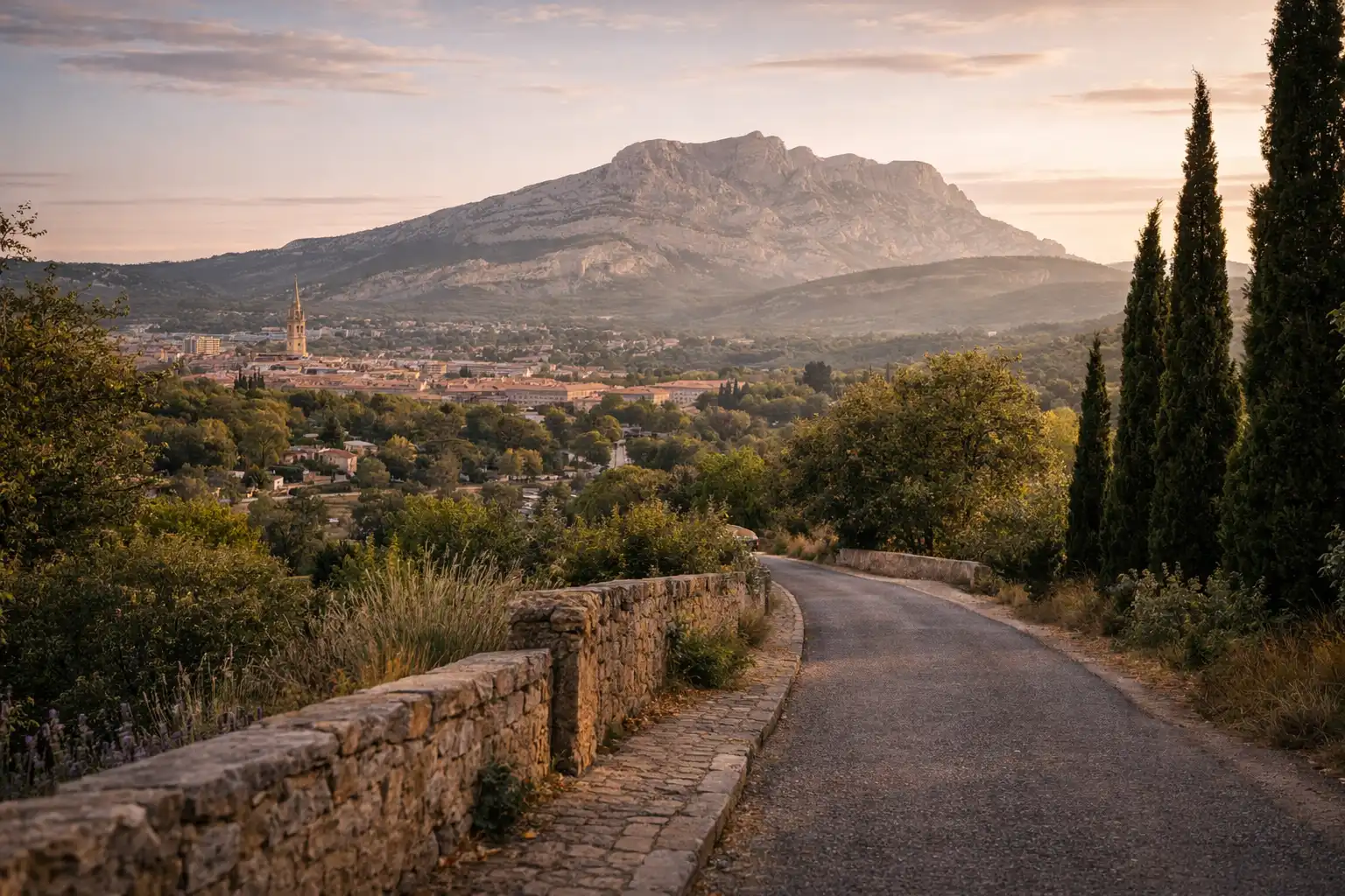 View of Aix-en-Provence and Sainte-Victoire with road for private transportation services