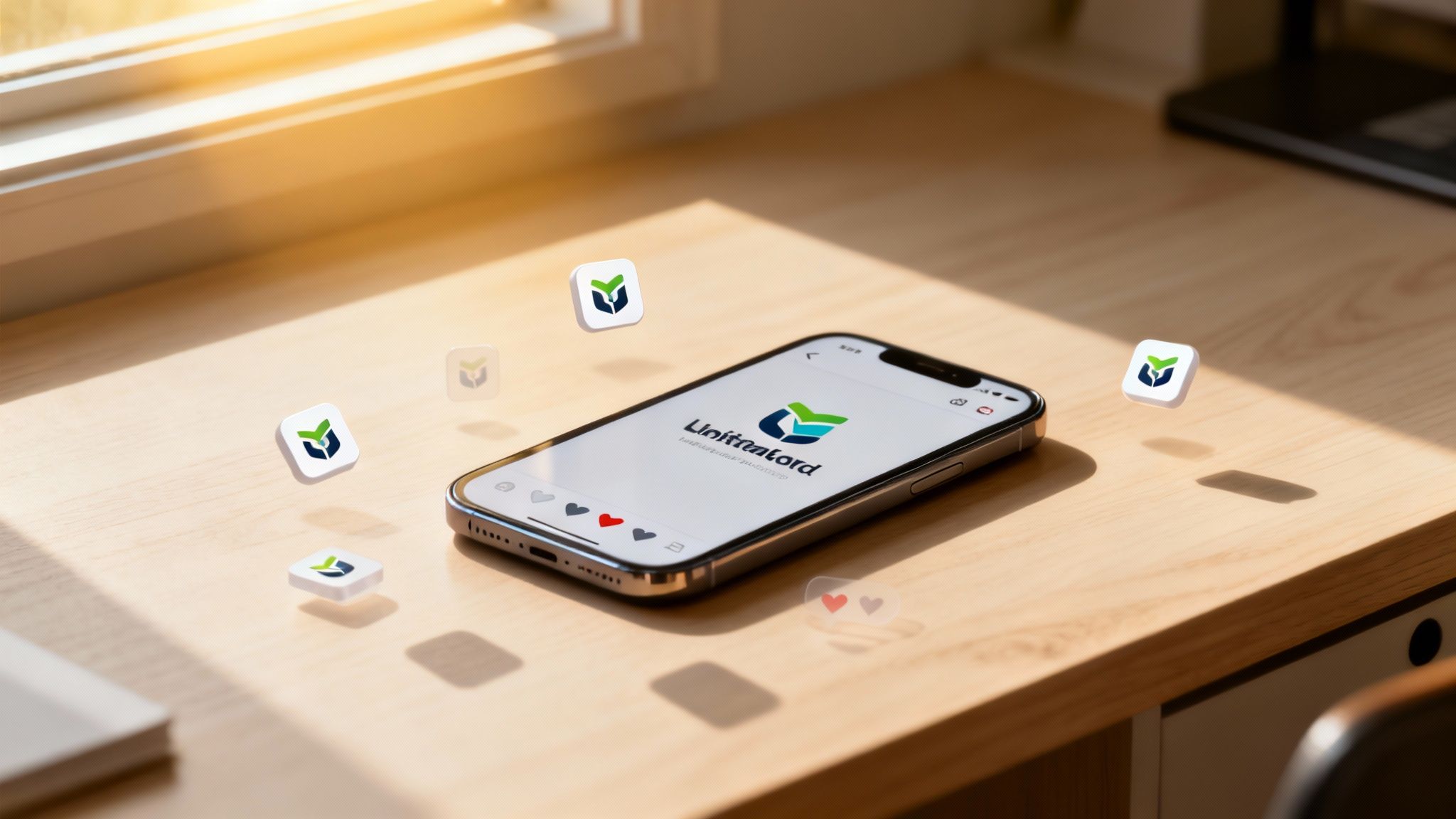 Smartphone displaying Unittrakord app with floating logos on a wooden desk with sunlight.